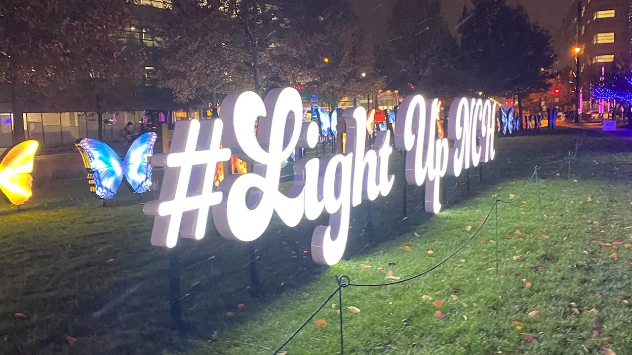 A glowing hashtag sign reading '#LightUpNCH' displayed outdoors at night, with illuminated butterfly decorations in the background, creating a festive and vibrant scene.